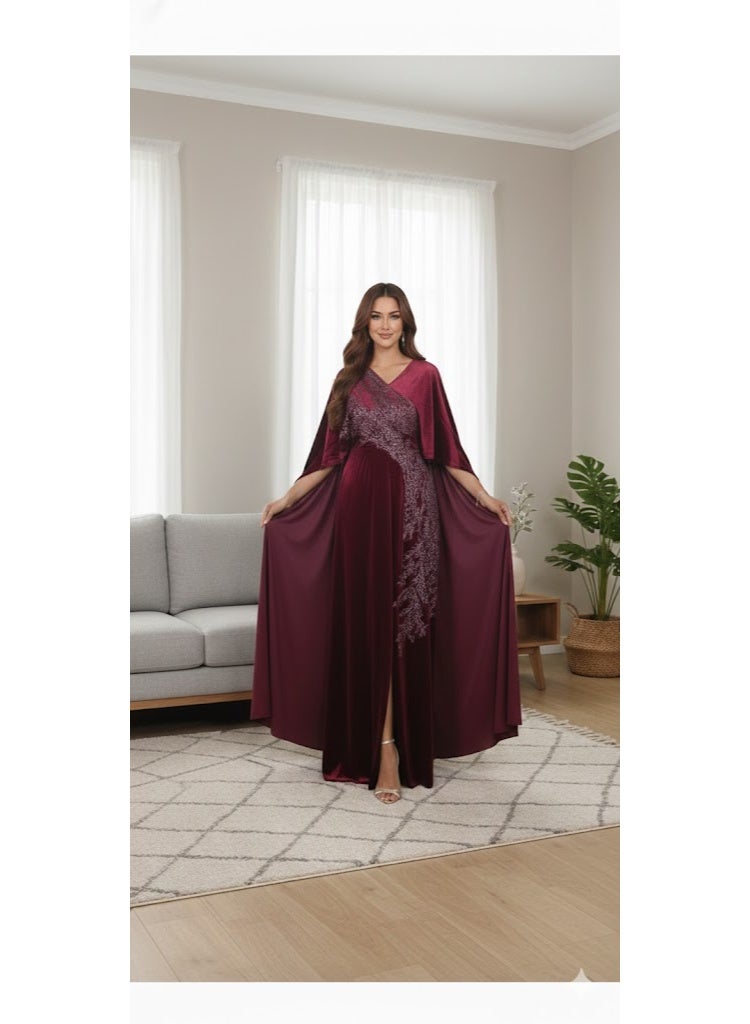 FULL JOY Luxurious Evening Dress with Wide, Flowing Silhouette and Draped Cape Sleeves, Fashion and Modern Dress. - Image 1
